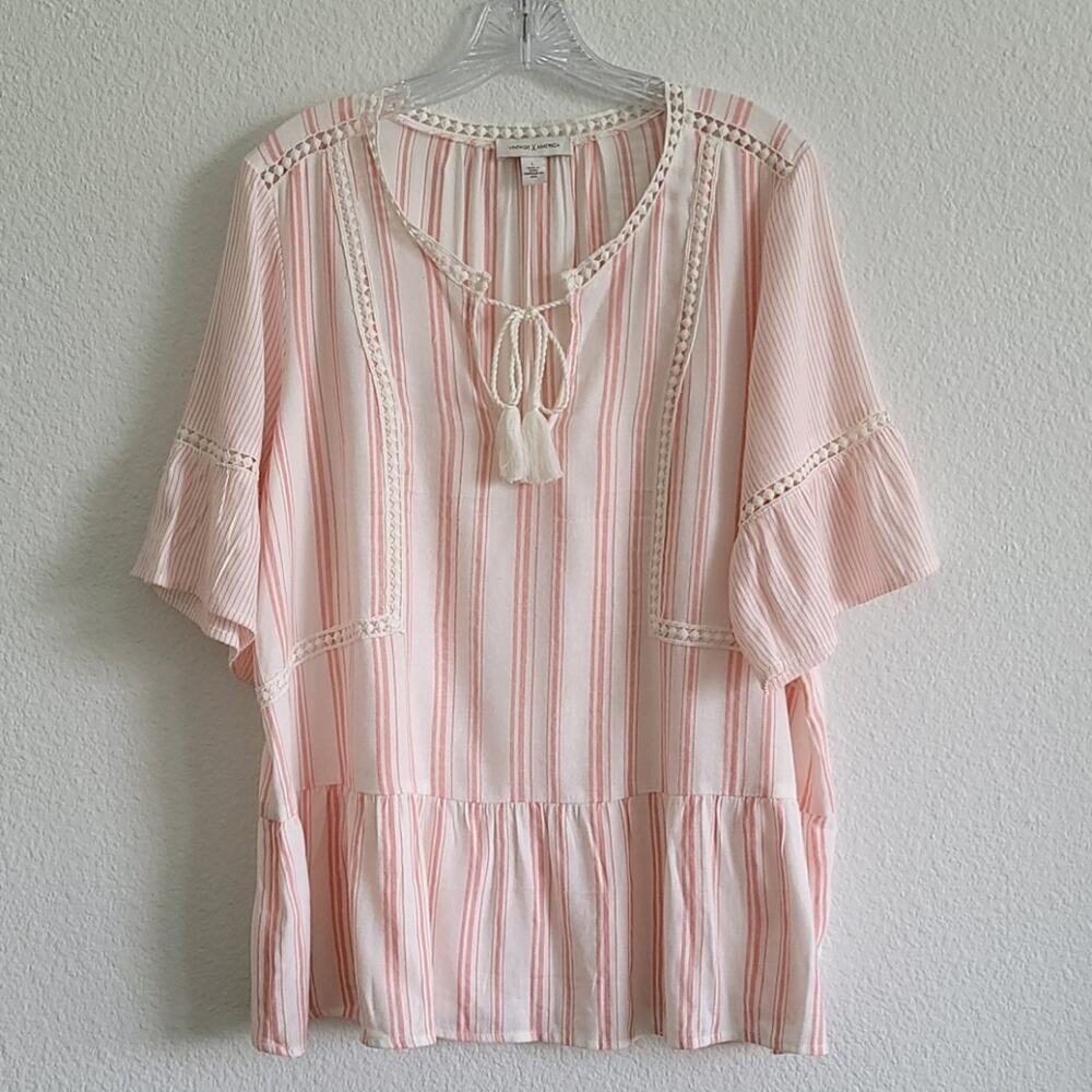 VINTAGE AMERICA Blouse Striped Boho Embroidered Peplum Flowy Size Large Pink